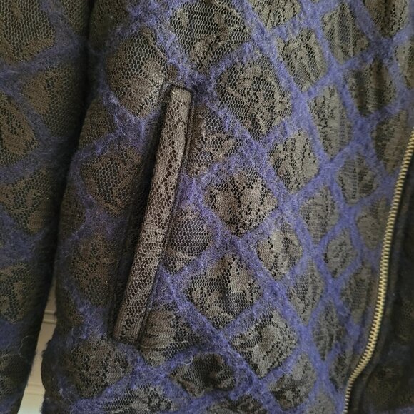 Anthropologie Moth Bomber Jacket Womens Small Blue and Black Lace Zip Up Pockets - Picture 4 of 11